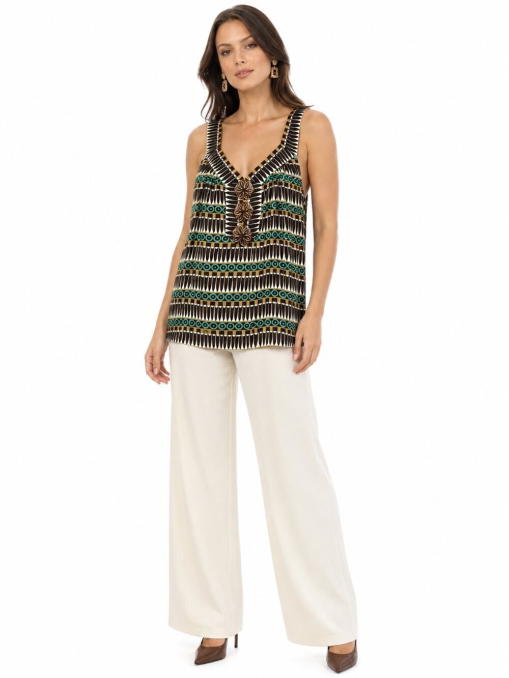Milly NY Silk Tank Top Size 8 Brown Aqua Print